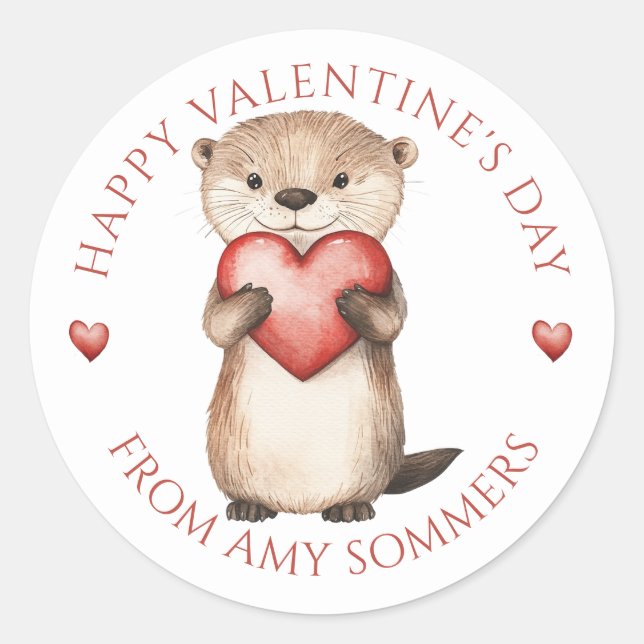 Happy Valentine's Day Kid's Watercolor Animal Classic Round Sticker (Front)