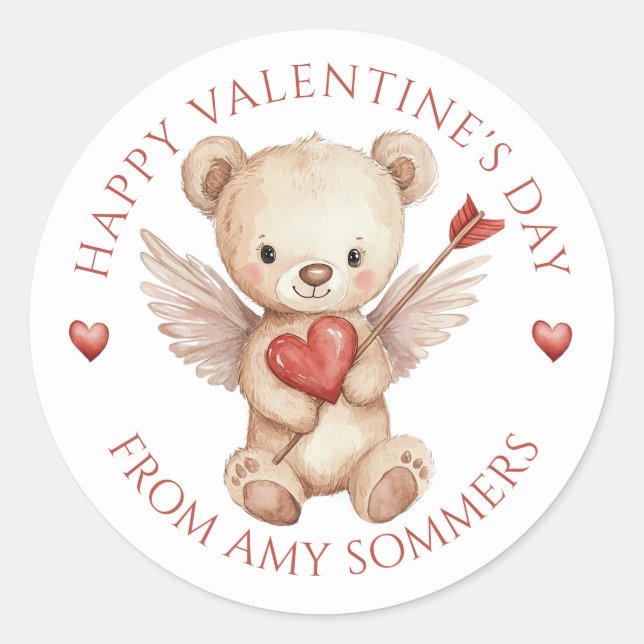 Happy Valentine's Day Kid's Watercolor Bear Classic Round Sticker (Front)