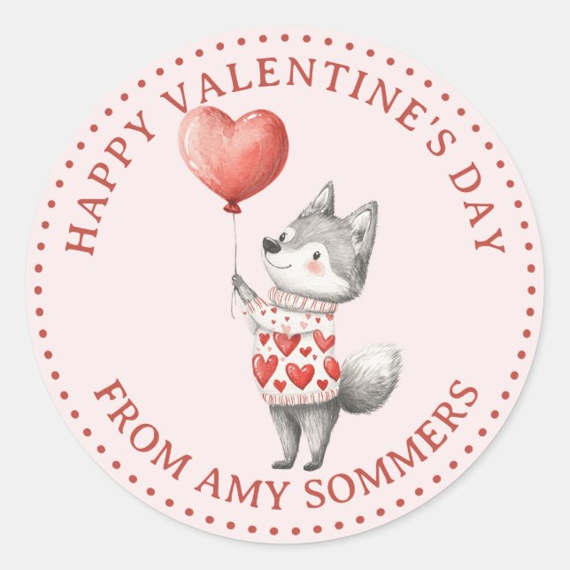 Happy Valentine's Day Kid's Watercolor Fox  Classic Round Sticker (Front)