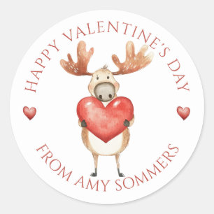 Happy Valentine's Day Kid's Watercolor Moose Classic Round Sticker