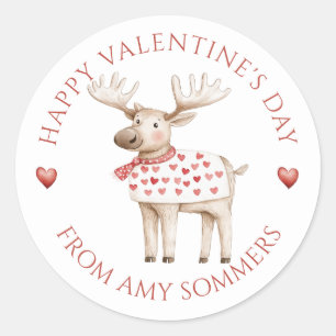 Happy Valentine's Day Kid's Watercolor Moose Classic Round Sticker