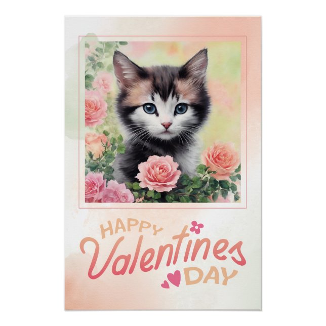 Happy Valentine's Day Kitten Peach Roses Poster (Front)