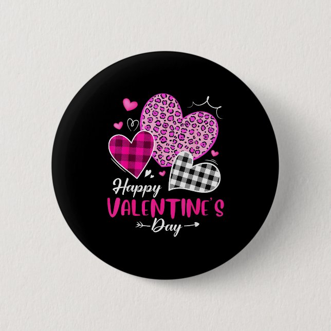 Happy Valentine's Day Leopard And Plaid Hearts Gir 2 Inch Round Button (Front)