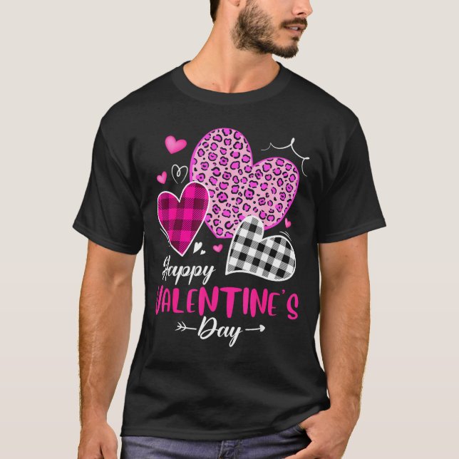 Happy Valentine's Day Leopard And Plaid Hearts Gir T-Shirt (Front)