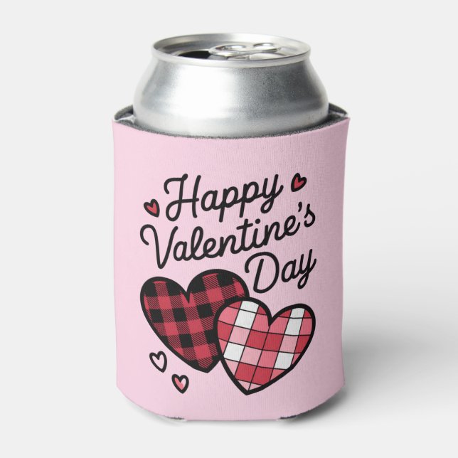 Happy Valentines Day Leopard Plaid Love Heart  Can Cooler (Can Front)