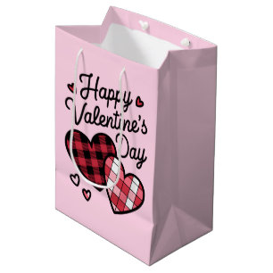 Happy Valentines Day Leopard Plaid Love Heart Medium Gift Bag
