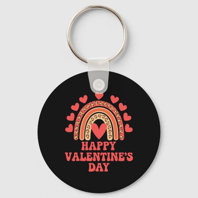 Happy Valentine's Day Leopard Rainbow Heart Valent Keychain (Front)