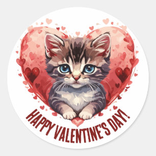 Happy Valentine's Day Little Kitten with Heart Classic Round Sticker