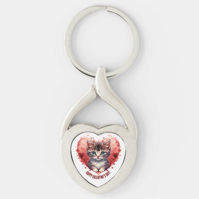 Happy Valentine's Day Little Kitten with Heart Keychain (Front)