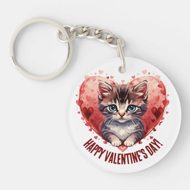 Happy Valentine's Day Little Kitten with Heart Keychain (Front)
