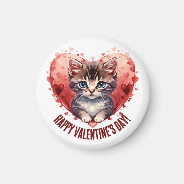 Happy Valentine's Day Little Kitten with Heart Magnet (Front)