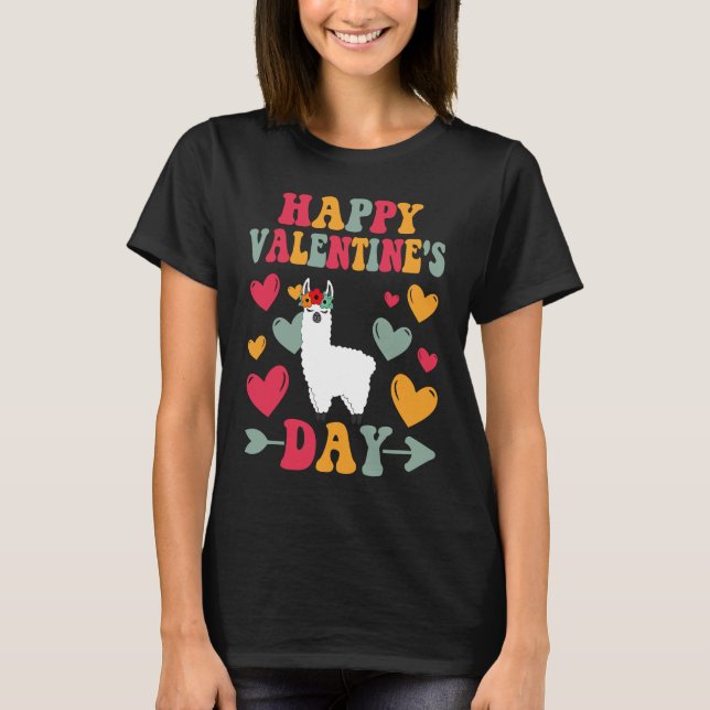 Happy Valentines Day Llama Heart Love Groovy T-Shirt (Front)