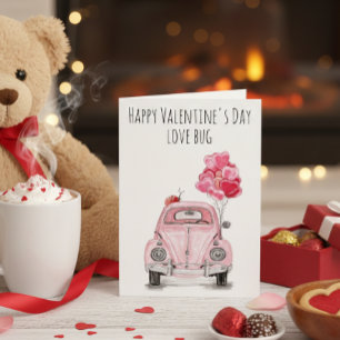 Happy Valentine's Day Love Bug Pink Car Balloons Card