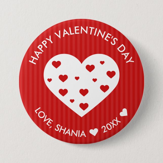 Happy Valentine's Day Lovely Red White Hearts 3 Inch Round Button (Front)