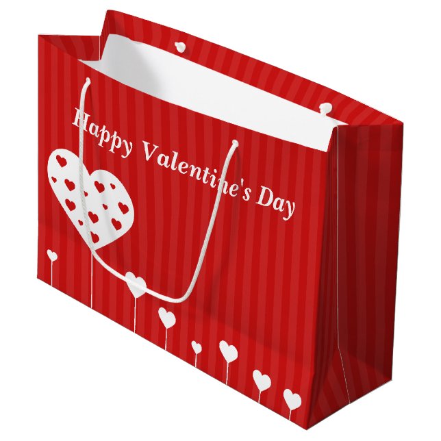 Happy Valentine's Day Lovely Red White Hearts Large Gift Bag (Front Angled)
