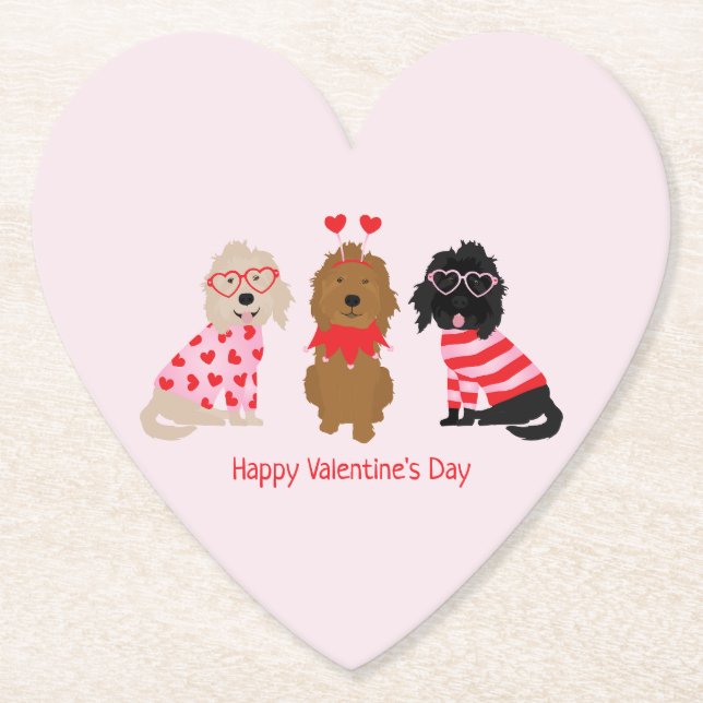 Happy Valentines Day Mini Goldendoodle Dogs Paper Coaster (Front)