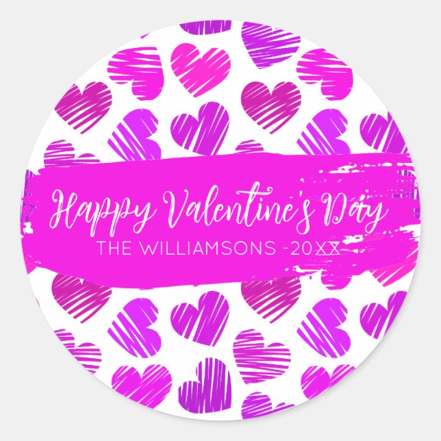 Happy Valentines Day Modern Purple Pink Heart Name Classic Round Sticker (Front)