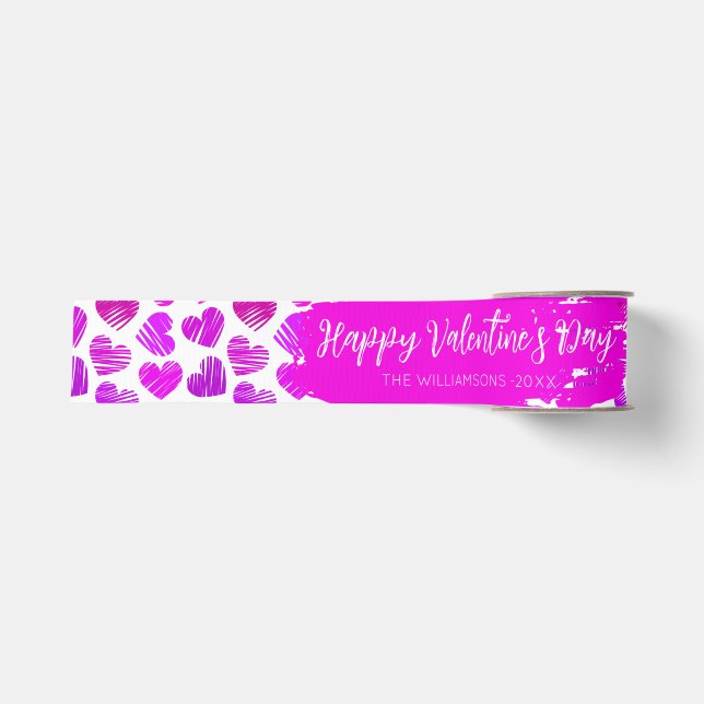 Happy Valentines Day Modern Purple Pink Heart Name Grosgrain Ribbon (Front)