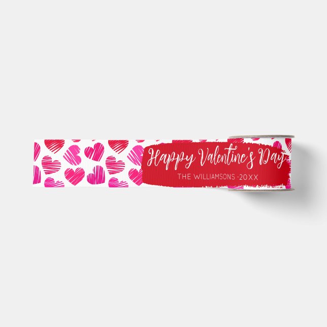 Happy Valentines Day Modern Red Pink Hearts Name Grosgrain Ribbon (Front)