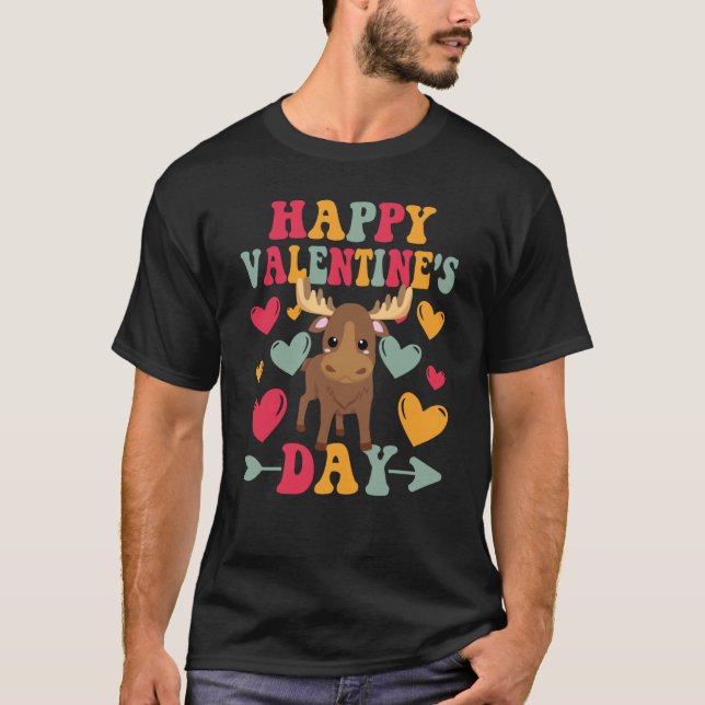 Happy Valentines Day Moose Heart Love Groovy T-Shirt (Front)