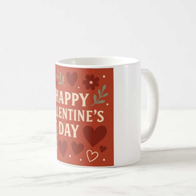 Happy Valentine's Day Mug – Red Hearts & Floral Lo (Front Right)