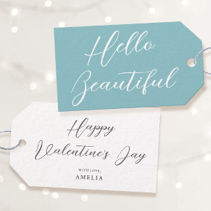 Happy Valentine's Day Name Brush Script Blue-Green Gift Tags