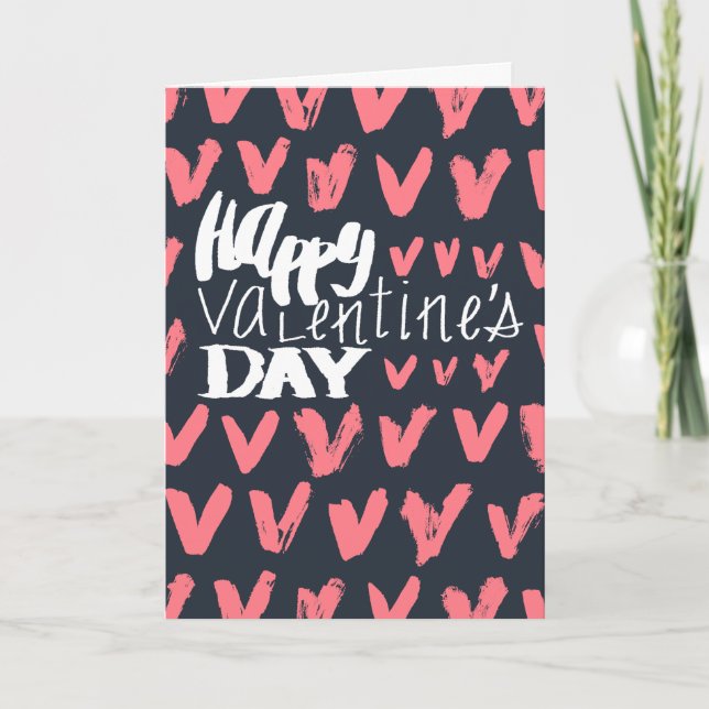 Happy Valentine's Day Navy blue and Pink Hearts Holiday Card (Front)