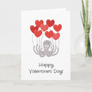 Happy Valentine's Day Octopus Red Heart Balloons Card