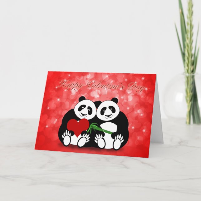 Happy Valentine's Day Panda Couple with Hearts Holiday Card (Front)