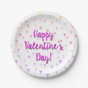 Happy Valentine's Day Pastel Rainbow Hearts Paper Plate