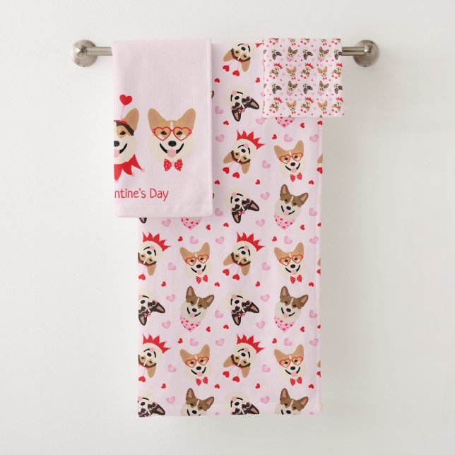 Happy Valentines Day Pembroke Welsh Corgi Dogs Bath Towel Set (Insitu)
