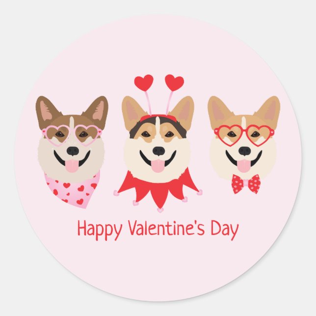 Happy Valentines Day Pembroke Welsh Corgi Dogs Classic Round Sticker (Front)