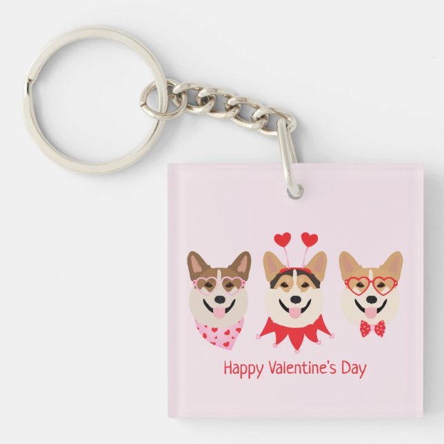 Happy Valentines Day Pembroke Welsh Corgi Dogs Keychain (Front)
