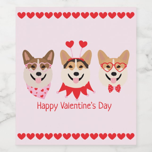 Happy Valentines Day Pembroke Welsh Corgi Dogs Wine Label (Single Label)