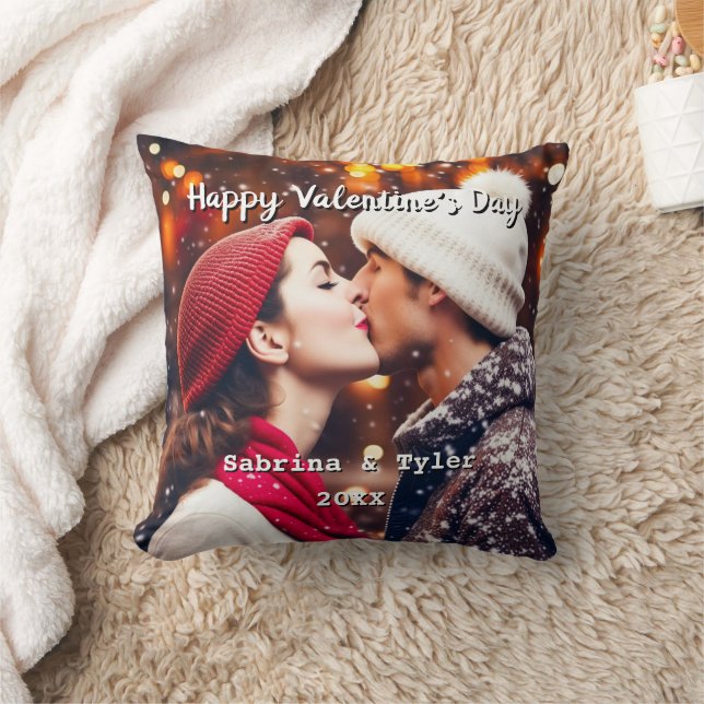 Happy Valentine's Day Personalized Photo & Names Throw Pillow (Blanket)