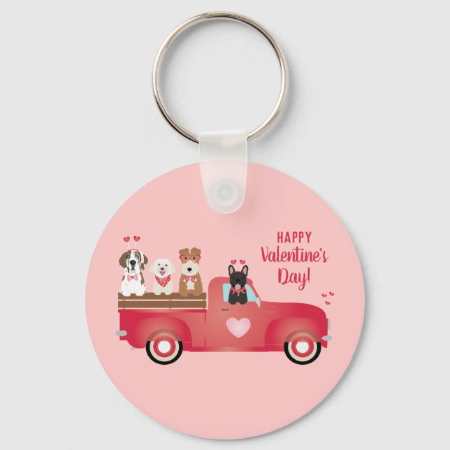Happy Valentines Day Pickup Truck Love Dogs Keychain (Front)