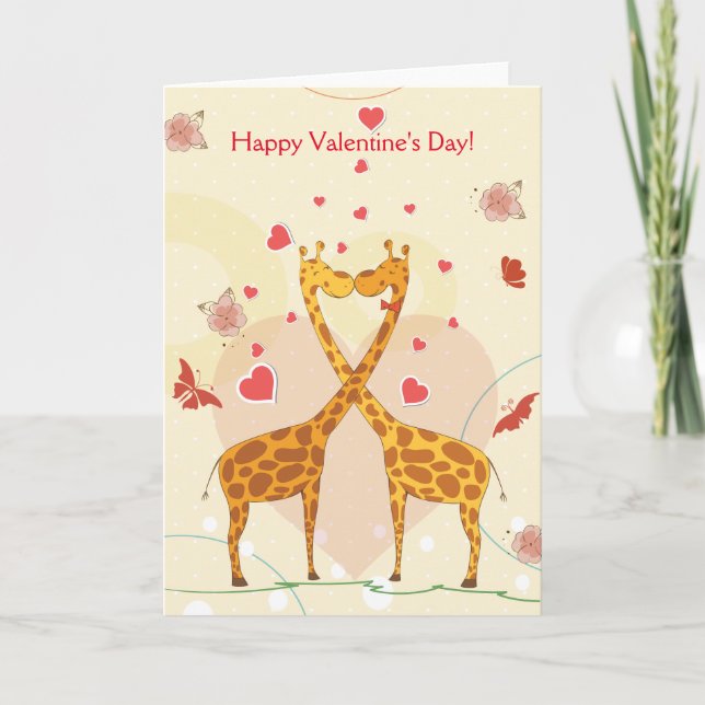 Happy Valentine's Day Pink Cute Giraffes Red Heart Holiday Card (Front)
