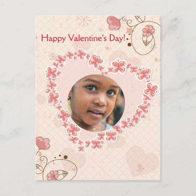 Happy Valentine's Day Pink Floral Heart Photo Holiday Postcard (Front)