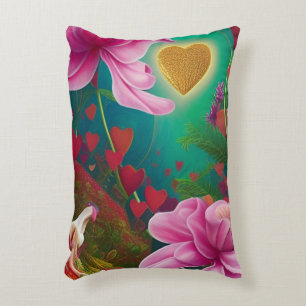 Happy Valentines Day -Pink Flowers and Hearts  Accent Pillow