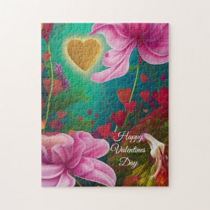 Happy Valentines Day -Pink Flowers and Hearts Jigsaw Puzzle