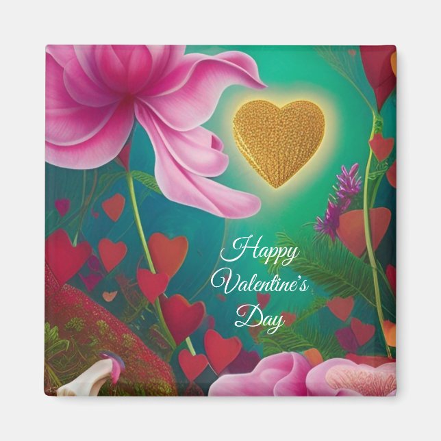 Happy Valentines Day -Pink Flowers and Hearts   Magnet (Front)