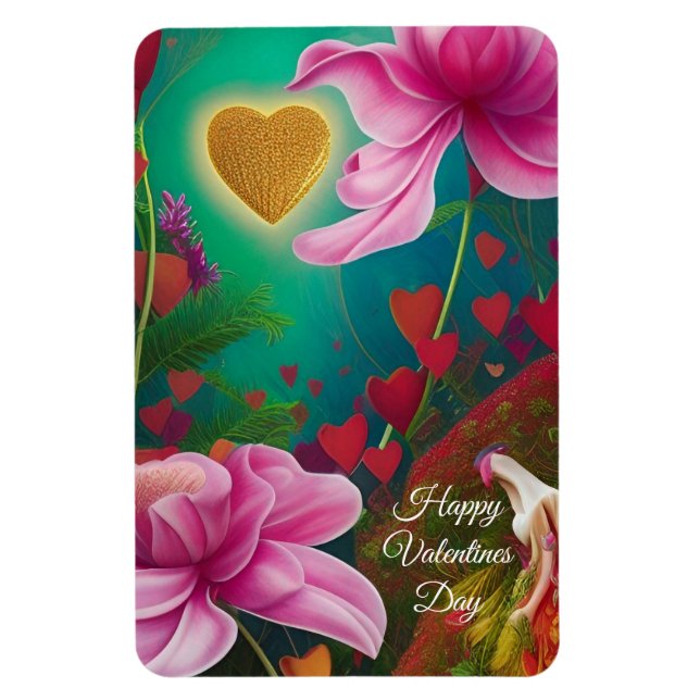 Happy Valentines Day -Pink Flowers and Hearts  Magnet (Vertical)
