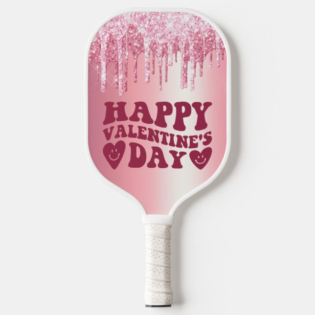 HAPPY VALENTINE'S DAY PINK GLITTER DRIP CUSTOM PICKLEBALL PADDLE (Front)