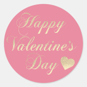 HAPPY VALENTINE's DAY Pink Gold Glitter Heart Classic Round Sticker