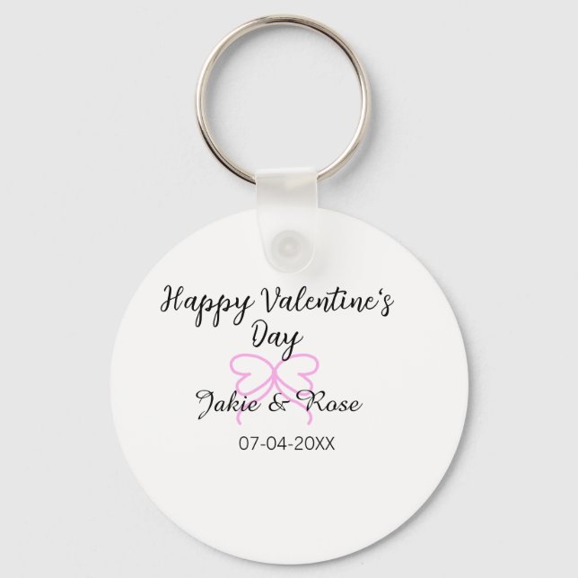 Happy Valentine's day pink heart bow name date sty Keychain (Front)