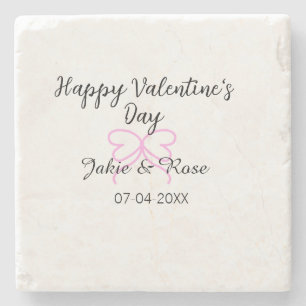Happy Valentine's day pink heart bow name date sty Stone Coaster