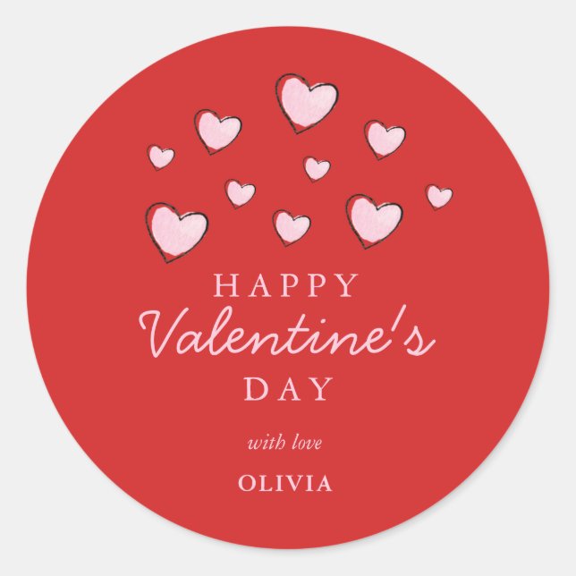 Happy Valentine's Day Pink hearts on Red   Classic Round Sticker (Front)
