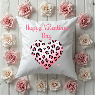 happy valentine's day pink leopard heart throw pillow
