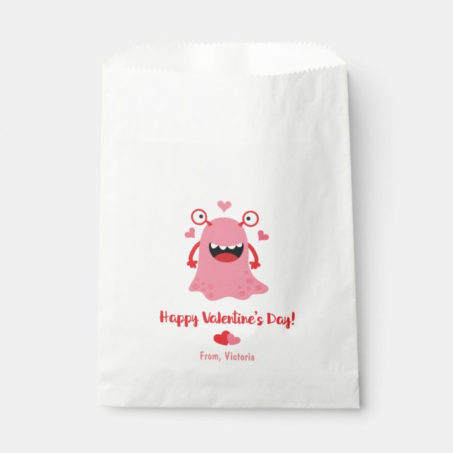 Happy Valentine's Day Pink Monster Hearts Favour Bag (Front)
