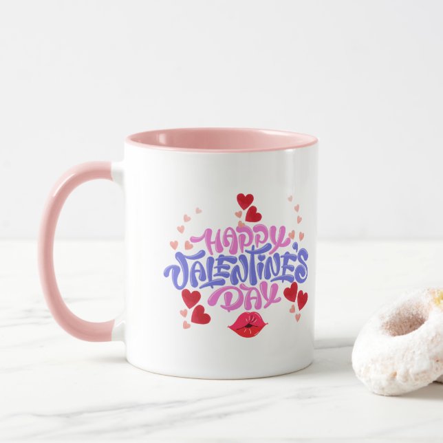 Happy Valentine's Day Pink purple Hearts Mug (With Donut)
